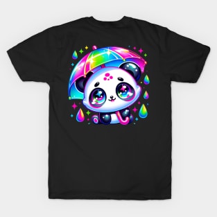 Kawaii Panda with Umbrella Holographic Neon Rainbow Chibi T-Shirt